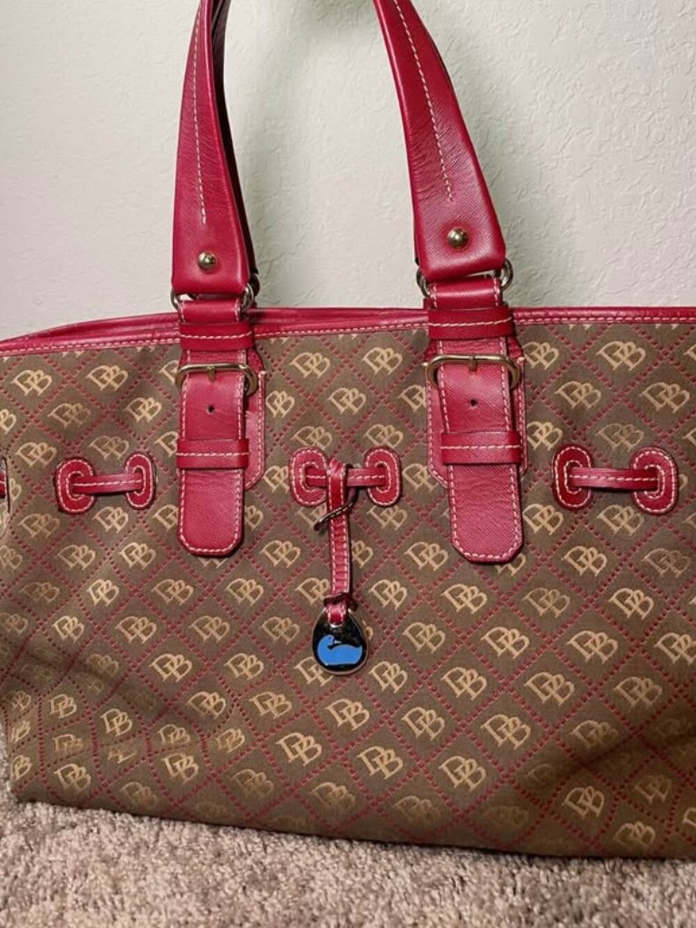 Dooney & Bourke Brown Logo Satchel Top Handle Bag, Gold Hardware